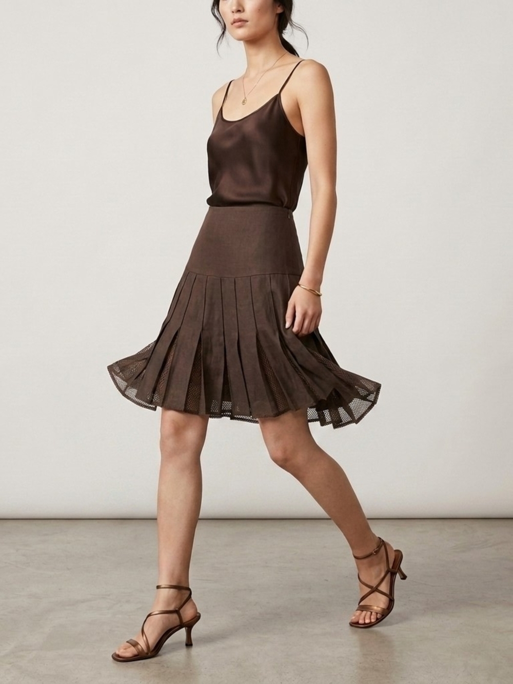 VTG Esthis Greece Bamboo Blend Pleated Drop Waist Mini Skirt Brown 14" W